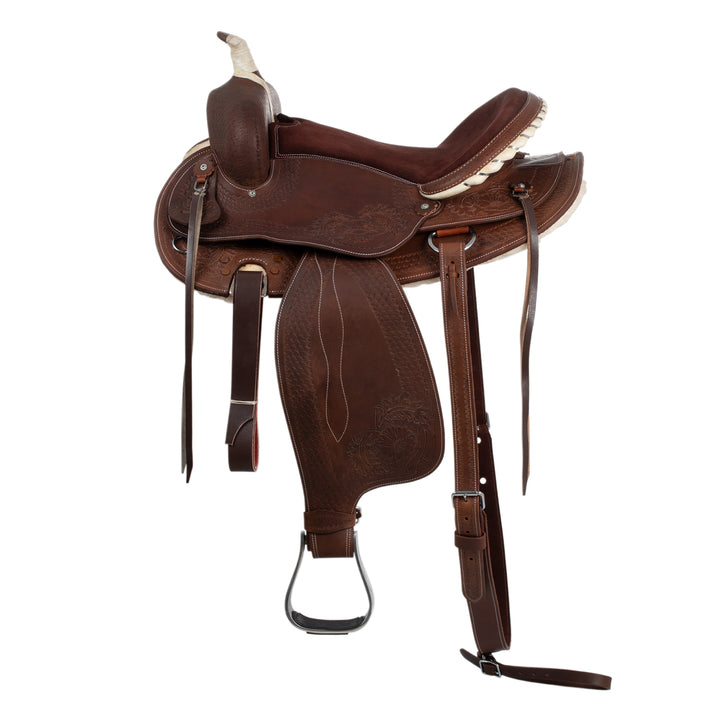 Lakota western saddle round skirt engraved and with silver wire