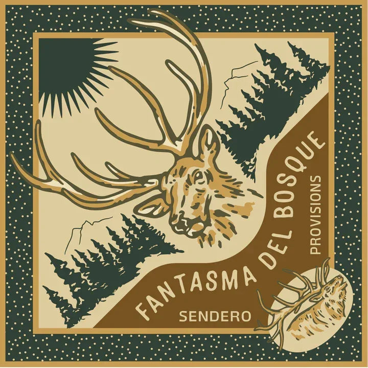 Logo of Fantasma del Bosque Provisions with a deer illustration on a green background