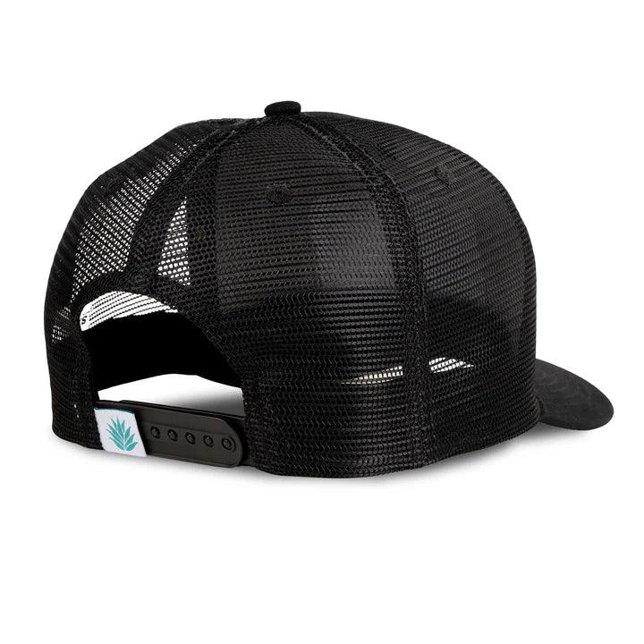Black mesh cap with a small logo on the strap against a white background