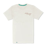 White t-shirt with red text on a white background