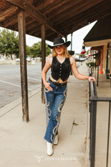 Lucky & Blessed Zwart Stretch Suède Buffalo Button Down Vintage Vest met Studs