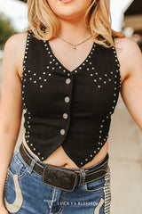 Lucky & Blessed Zwart Stretch Suède Buffalo Button Down Vintage Vest met Studs
