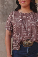 Haut chauve-souris marron imprimé western Lucky & Blessed
